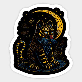 Tiger Cub Under Moonlight Drawing Sticker